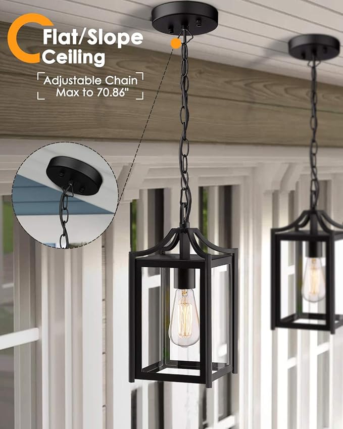 Outdoor Pendant Light, 14" Large Modern Hanging Porch Light with Adjustable Chain, Black Exterior Outdoor Hanging Lantern with Clear Glass for Porch Foyer Gazebo, 2439/1H