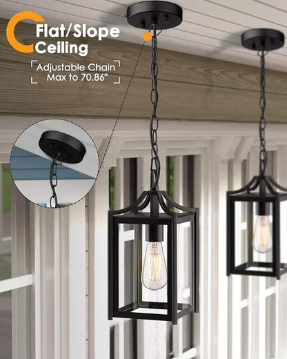 Outdoor Pendant Light, 14" Large Modern Hanging Porch Light with Adjustable Chain, Black Exterior Outdoor Hanging Lantern with Clear Glass for Porch Foyer Gazebo, 2439/1H