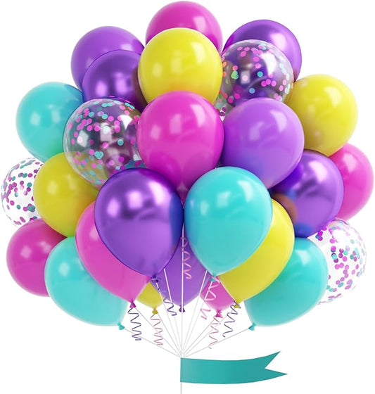 Pink Purple Blue Balloon, 60 Pcs 12 Inches Hot Pink Metallic Purple Teal Yellow Balloons Confetti Balloons for Kids Baby Shower Magic Theme Birthday Engagement Party Decoration