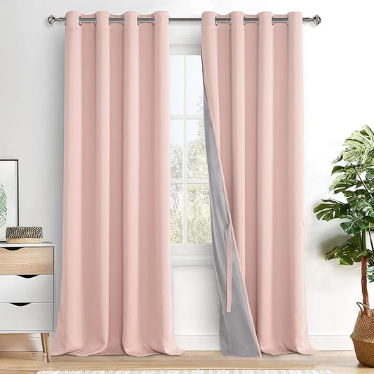 XWZO 100% Blackout Curtains 2 Panels with Tiebacks- Heat and Full Light Blocking Window Treatment with Black Liner for Girl's Room/Nursery, Grommet Top，Blush Pink, W52 x L95 Inches Long, Set of 2