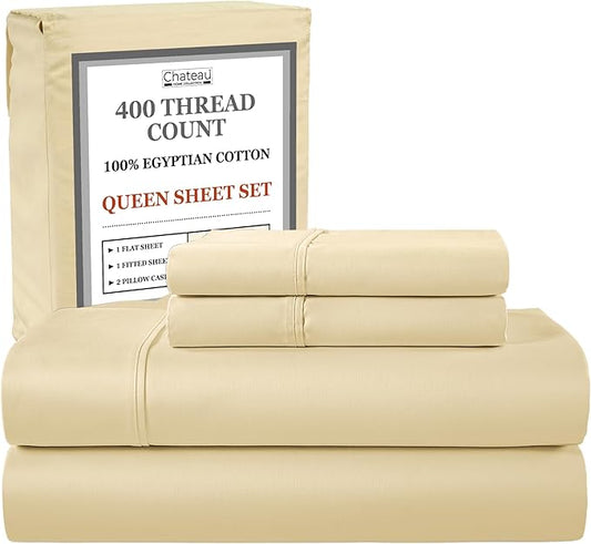 Queen Sheet Set - 400Tc Egyptian Cotton Bedding Sheets & Pillowcases - Soft, Durable And Luxurious 4Pc Sateen Weave Ivory Bed Sheets For Queen Size Bed, No Pill & Shrink Thick Machine Washable