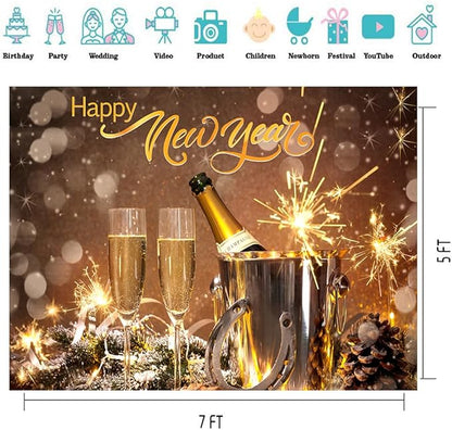 CYLYH 7x5ft Happy New Year Backdrop 2026 New Years Eve Backdrops New Year Party Banner Lucky Horseshoe Champagne Fireworks Christmas New Year Background