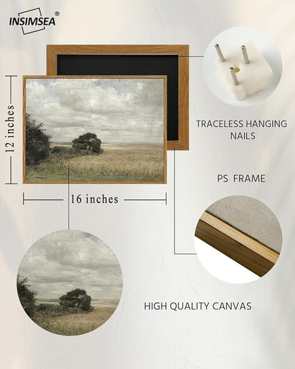 InSimSea Framed Canvas Wall Art Vintage Decor, Landscape Wall Art Prints, Vast Field Cloudy Sky Wall Print, Mid Century Modern Decor, Rustic Retro Farmhouse Bedroom Picture, 12"x16"