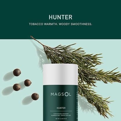 MAGSOL Magnesium Deodorant for Men, Aluminum Free, Baking Soda Free Natural Deodorant for Sensitive Skin, Long Lasting Odor Protection with Sweet Almond Oil, Hunter Tobacco 2.6 oz