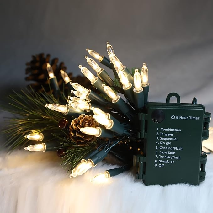 100LED Mini Lights,Green Wire,Waterproof Battery Case,Multi Functions,Timer,Warm White（2 Sets - Each 50 Count LED）