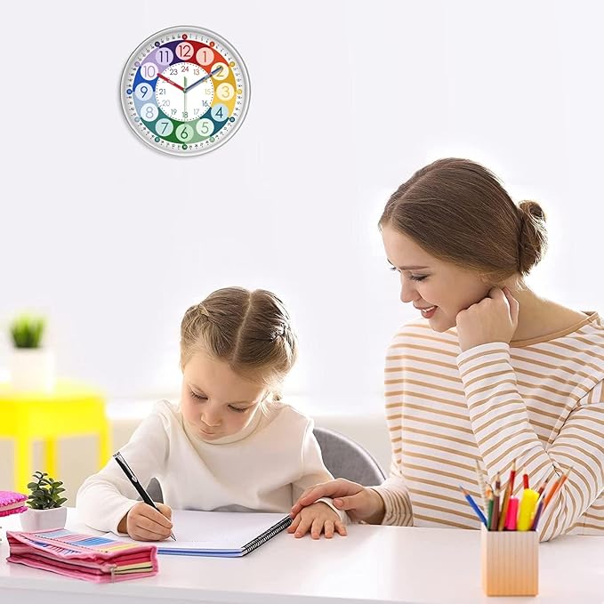 XFM Learning Clock for Kids 12 Inch Colorful Teaching Time Wall Clocks Battery Operated Silent Analog Clock for Kids Room Classroom School Playroom