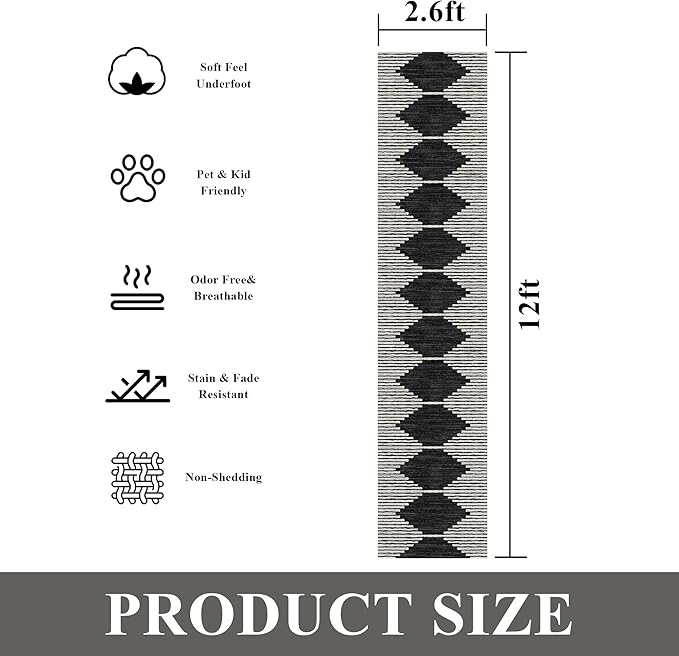 HelloTree Hallway Runner Rug，2.6x12 Moroccan Modern Stripe Carpet Washable Machine Bathroom Runner Bohemian Design Modern Soft Non Slip Indoor Rug for Entryway Hallway Laundry Room Bedroom-Black