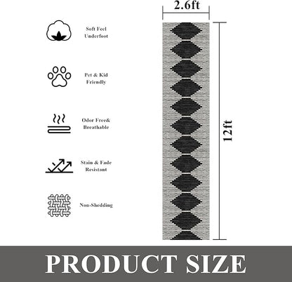 HelloTree Hallway Runner Rug，2.6x12 Moroccan Modern Stripe Carpet Washable Machine Bathroom Runner Bohemian Design Modern Soft Non Slip Indoor Rug for Entryway Hallway Laundry Room Bedroom-Black