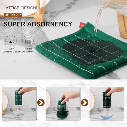 Mordimy 100% Cotton Terry Cloth Dish Cloths, Soft and Absorbent Checkered Dish Towels, Quick Drying Dish Rags for Washing Dishes, 6 Pack, 12 x 12 Inches, Dark Green