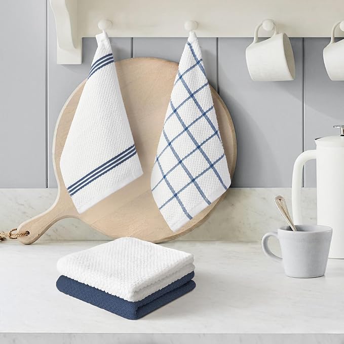 Artoid Mode Ring Spun Cotton Blue Dishcloth Kitchen Towels, 12x12 Inch Ultra Soft Absorbent Quick Drying Household Cleaning Kitchen Rags Set of 4
