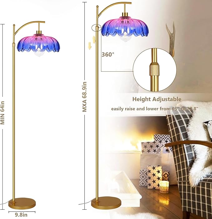 Floor Lamp for Living Room,Bedroom,Gold Dimmable Standing Lamp with Remote,Mid Century Modern Brass Tall Lamp Retro Vintage Glass Lamp Floor Light Boho Bohemian