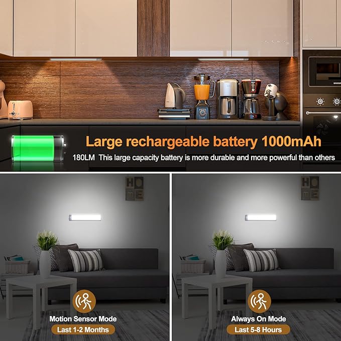 2 Pack Rechargeable Under Cabinet Lights with Motion Sensor - 30 LED 10 Inch, Wireless USB-C Magnetic for Kitchen, Bedroom, Wardrobe Closet Lighting
