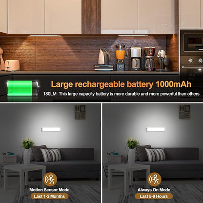 2 Pack Rechargeable Under Cabinet Lights with Motion Sensor - 30 LED 10 Inch, Wireless USB-C Magnetic for Kitchen, Bedroom, Wardrobe Closet Lighting