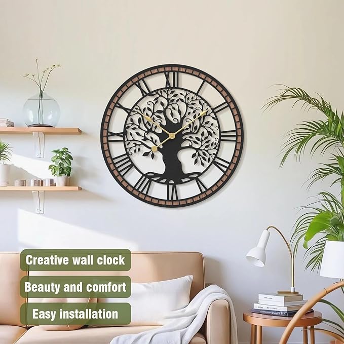 Micasso Non-Ticking Large Wall Clock: 18Inch Tree of Life Metal Black with Solid Wood Frame - Battery Operated Silent Clock for Living Room/Office/Bedroom/Kitchen - Home Decor for Vintage Style