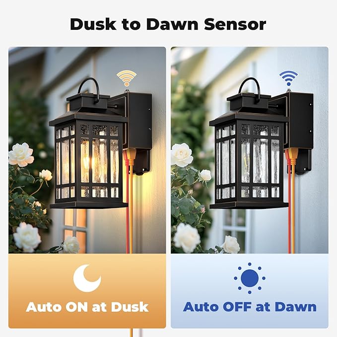 2-Pack Outdoor Wall Light with GFCI Outlet, Black Exterior Lighting Fixtures with Gold Trim, Dusk to Dawn Outdoor Lights for House Garage Coach, Outside Light with Outlet, Aluminum, Hardwired