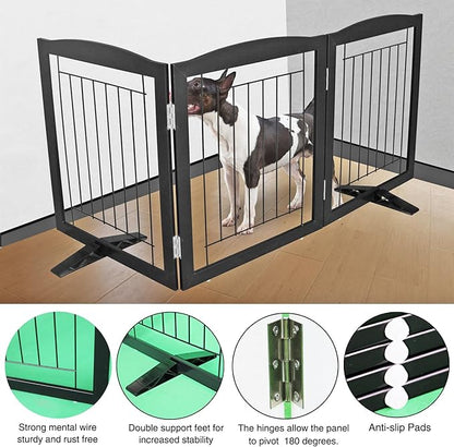 ZJSF Freestanding Dog Fence Indoor, Foldable Dog Gate for Doorways, Stairs or Hallways, Sturdy Wood Extra Wide Pet Gate with Support Feet for The House, Black, 32 "Height-3 Panels