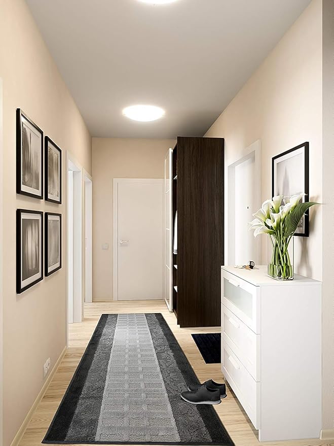 Custom Cut Hallway Runner Rug, Slip Resistant, 31 Inch Wide X Your Choice of Length, Leaves Anthracite, 31 Inch X 18 feet