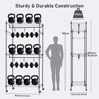 Heavy Duty Garment Rack Adjustable 3 Tiers Wire Shelving Rolling Clothes Rack with Double Rods and Side Hooks, Freestanding Wardrobe Storage Rack Metal Clothing Rack, Black