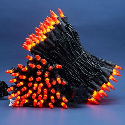 200 Count Orange Christmas Lights, Pack of 2 Strands 100 Count 33 ft Black Wire UL Listed Halloween String Light (Orange)