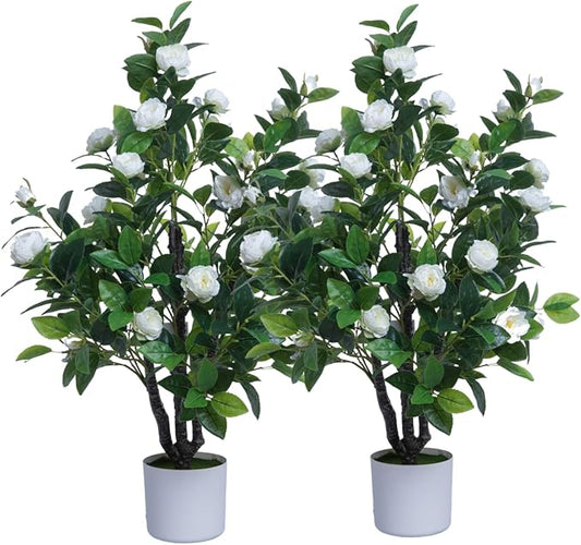 Artificial Camellia Tree 35in Faux Floral Plant with White Flowers and Green Leaves - No Maintenance Indoor Outdoor Office Home Porch Decor Housewarming Gift(2Pack，White)
