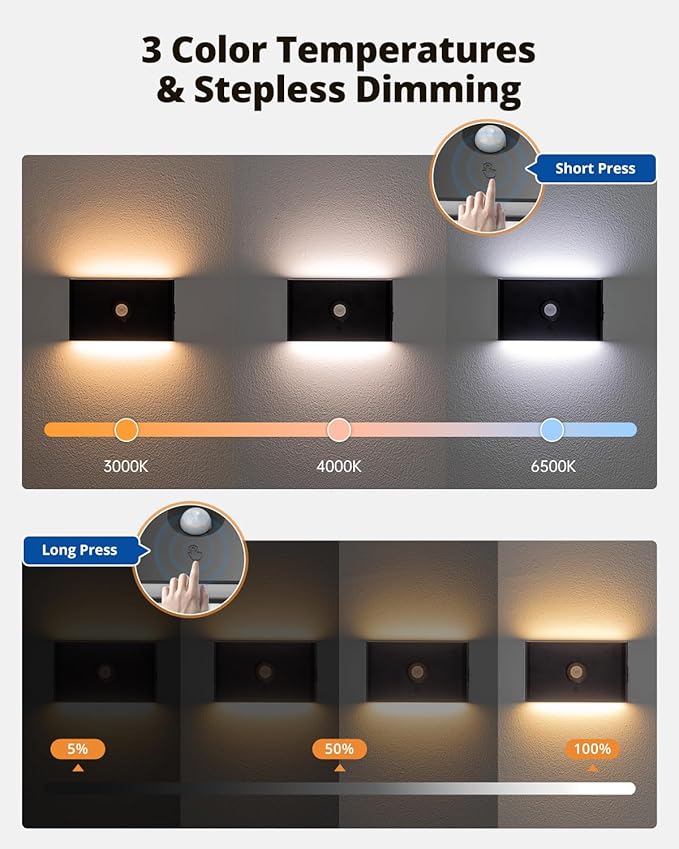 wowatt 6 Packs Rechargeable Motion Sensor Stair Light Black (Magnetic Mounting Design)(Sensor Modes Available)(Lighting Dimmable) Battery Night Lights for Stairway, Hallway, Bathroom