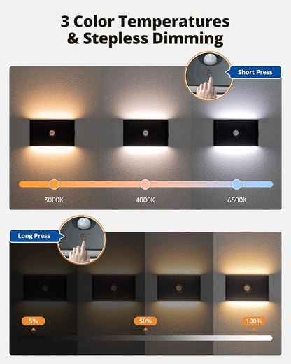 wowatt 6 Packs Rechargeable Motion Sensor Stair Light Black (Magnetic Mounting Design)(Sensor Modes Available)(Lighting Dimmable) Battery Night Lights for Stairway, Hallway, Bathroom