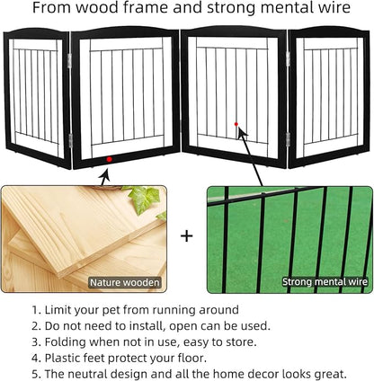 ZJSF Freestanding Foldable Dog Gate for House Extra Wide Wooden Black Indoor Puppy Gate Stairs Dog Gates Doorways Tall Pet Gate 4 Panels Fence