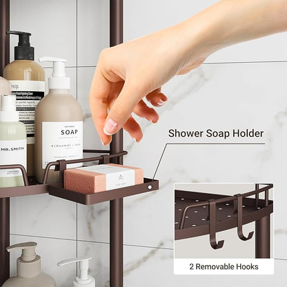 ELYKEN Corner Shower Caddy Standing, 3 Tier Rustproof Metal Shower Organizer with Soap Holder, Floor Shower Corner Shelf Rack Storage Stands with Adjustable Feet & 2 Hooks for Bathroom, Bronze