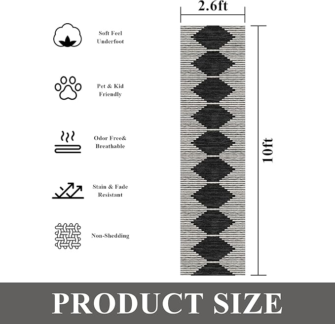 HelloTree Hallway Runner Rug，2.6x10 Moroccan Modern Stripe Carpet Washable Machine Bathroom Runner Bohemian Design Modern Soft Non Slip Indoor Rug for Entryway Hallway Laundry Room Bedroom-Black