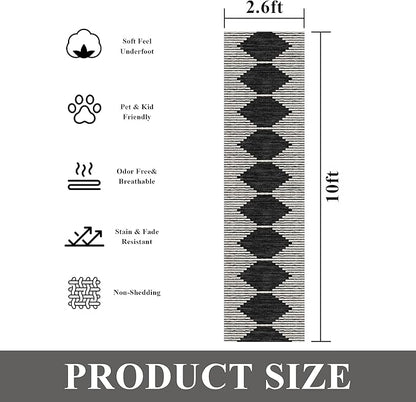 HelloTree Hallway Runner Rug，2.6x10 Moroccan Modern Stripe Carpet Washable Machine Bathroom Runner Bohemian Design Modern Soft Non Slip Indoor Rug for Entryway Hallway Laundry Room Bedroom-Black