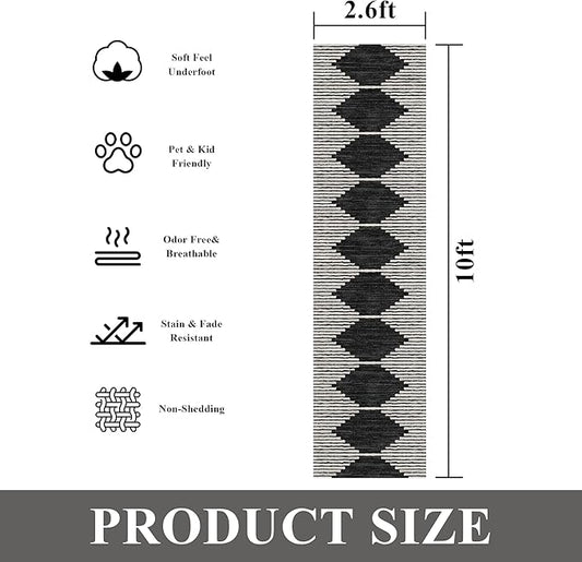 HelloTree Hallway Runner Rug，2.6x10 Moroccan Modern Stripe Carpet Washable Machine Bathroom Runner Bohemian Design Modern Soft Non Slip Indoor Rug for Entryway Hallway Laundry Room Bedroom-Black