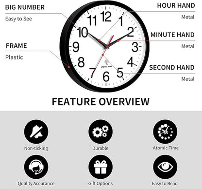 Atomic Wall Clock, Modern 14 Inch Battery Operated Wall Clocks, Analog Clock for Living Room, Office, Home, Bedroom, Kitchen, Bathroom(Black)