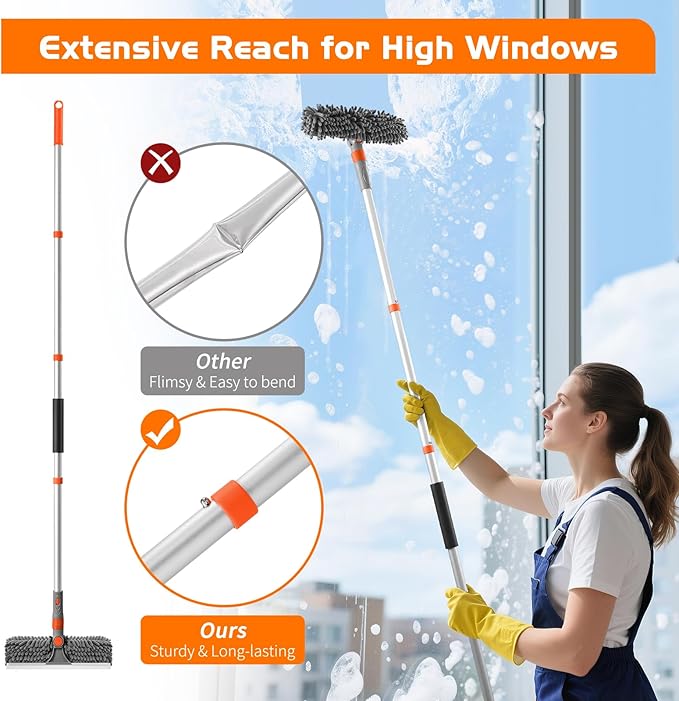 Ordenado 62" Window Squeegee Cleaning Kit, 2 in 1 Window Cleaner Tool with Long Handle, Rotatable High Windows Washing Kit for Home & Outdoor, Detachable Washer Tool Squeegee for Shower Glass, Car