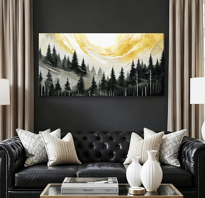 ARTZON Large Abstract Wall Art- Modern Black White Yellow Tree of Life Forest Canvas Print Pine Landscape Nature Horizontal Artwork Minimalist Picture for Living Room Bedroom Office Decor 48"x24"