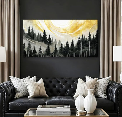 ARTZON Large Abstract Wall Art- Modern Black White Yellow Tree of Life Forest Canvas Print Pine Landscape Nature Horizontal Artwork Minimalist Picture for Living Room Bedroom Office Decor 48"x24"