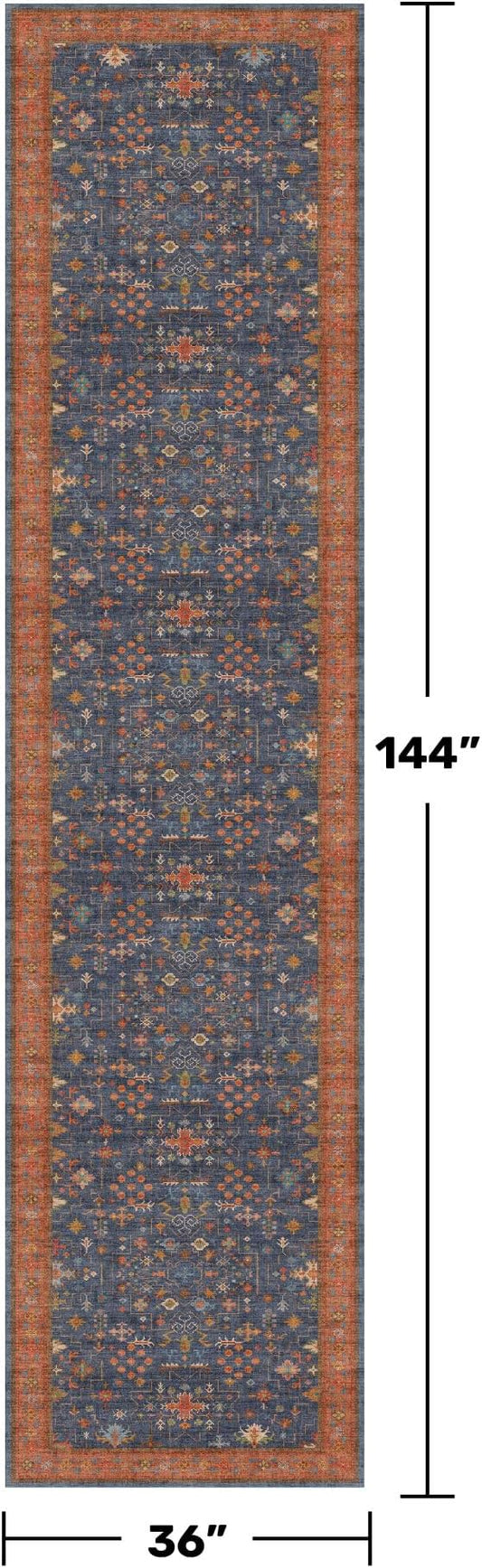 Washable 12 ft Long Runner for Kitchen Floor - Navy Blue Hallway Runner Rug, Pet Friendly Waterproof Non Slip with Rubber Backing, Stain Resistant Laundry Room Rug (3x12 Navy Blue & Terracotta)