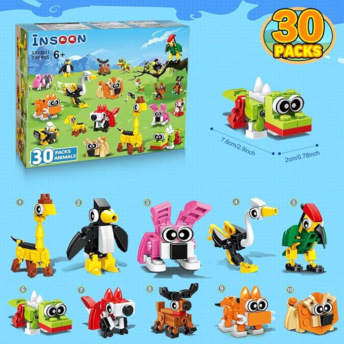 30 Pack Party Favors for Kids, 750 PCS Animals Building Block Toy for Goodie Bag Stuffers, Toy Set for Classroom Student Prizes Easter Birthday Valentines Day Gifts for Boys Girls Ages 6-12+