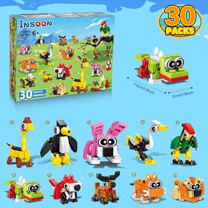 30 Pack Party Favors for Kids, 750 PCS Animals Building Block Toy for Goodie Bag Stuffers, Toy Set for Classroom Student Prizes Easter Birthday Valentines Day Gifts for Boys Girls Ages 6-12+