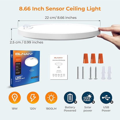 BLNAN Motion Sensor Ceiling Light Wired, 8.7 Inch 3000K 4000K 5000K Selectable LED Flush Mount Light Fixture, Motion Activated Light with Timer for Hallway Stair Walk-in Closet, Non-Dimmable 4 Pack