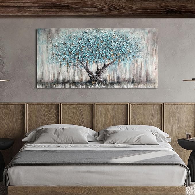 Arjun Tree Wall Art Canvas for Living Room Blue Tree of Life Nature Teal Abstract Textured Painting Picture Modern Panoramic Landscape Artwork Framed Bedroom Home Office Decor, Large Size 40"x20"
