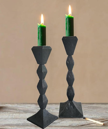 Antique Iron Taper Candle Holders - Set of 2 Decorative Candlesticks, Black Finish Candle Stand for Weddings, Dining, and Parties (Black, Square)