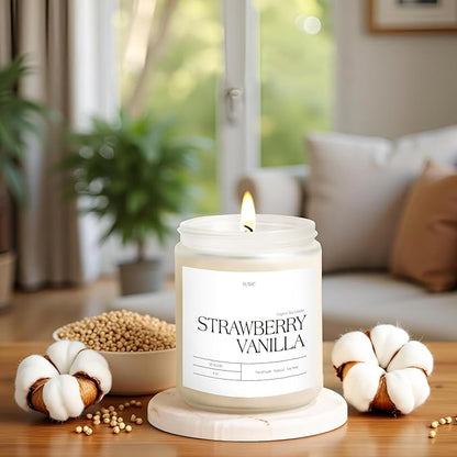 Strawberry Vanilla Highly Scented Candle for Home, 9oz Natural Soy Aromatherapy Non Toxic Candles with Essential Oil, Home Fragrance Stress Relief & Meditation Jar Candles Gifts for Women & Men