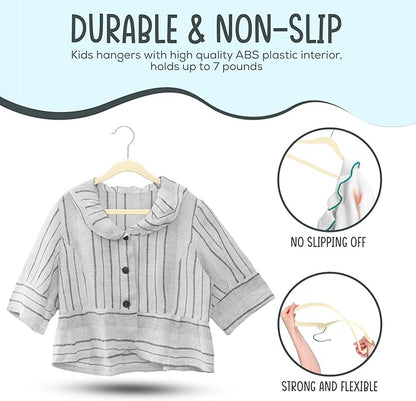 25 Premium Kids Velvet Hangers - 14" Non-Slip Clothes Hangers for Kids & Preteens - Ultra Slim, Space-Saving, Strong & Durable Hangers with 360° Swivel Hook - Beige