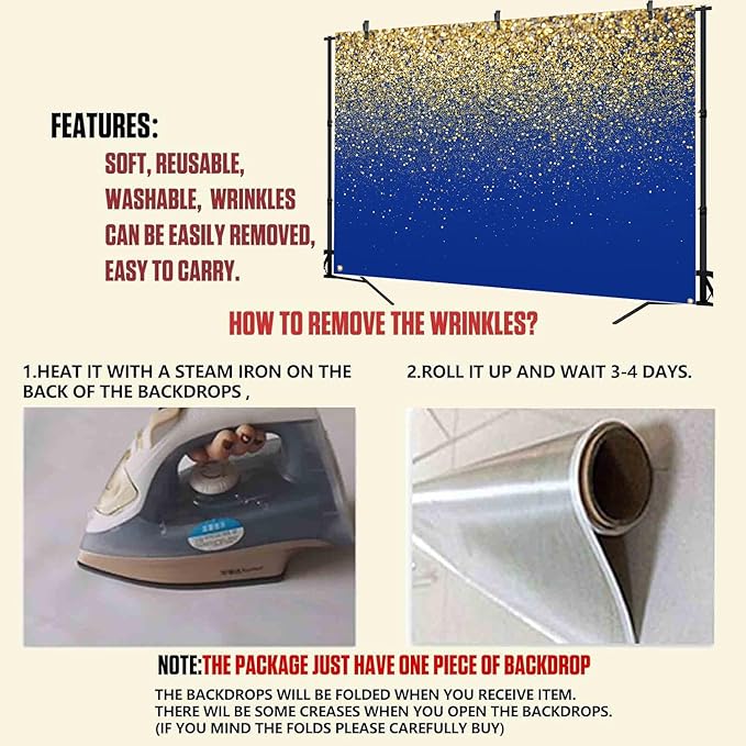 Blue and Gold Glitter Backdrop 7x5ft Elegant Photo Booth Background for Birthday, Wedding, Graduation, Anniversary & New Year Party Decorations, Luxury Event Banner