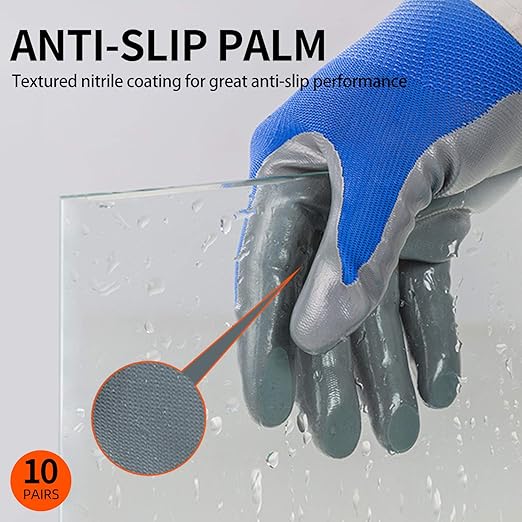 Vgo... 10-Pairs Safety Work Gloves, Gardening Gloves, Non-slip Nitrile coating, Dipping Gloves (Size XL, Blue, NT2110)