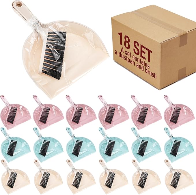 Sliner 18 Pack Mini Dustpan and Brush Set Plastic Dust Pans with Brush Small Broom and Dustpan Set Mini Broom Dust Pan for Home Office Kitchen Table Desktop Floor Cleaning Supplies(Blue, Pink,Beige)