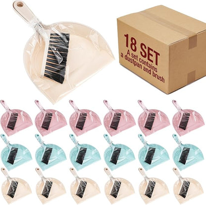 Sliner 18 Pack Mini Dustpan and Brush Set Plastic Dust Pans with Brush Small Broom and Dustpan Set Mini Broom Dust Pan for Home Office Kitchen Table Desktop Floor Cleaning Supplies(Blue, Pink,Beige)