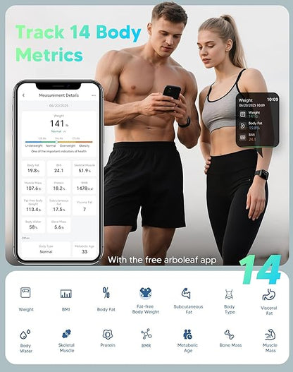 arboleaf Smart Scale for Body Weight, Body Fat Scale with BMI Muscle Mass, 3-in-1 LED Display, Bluetooth Accurate Weight Machine, Tracks 14 Body Metrics via App, Sturdy Tempered Glass, 400lb