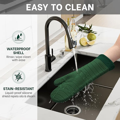 Beneno Premium Silicone Oven Mitts 2-Pack Heat Resistant 500°F, Soft Flexible Non-Slip Grips, BPA-Free & Waterproof Oven Mitts with Comfort Cotton Lining for Baking, Grilling, Cooking, 7"x13", Green