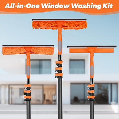 Window Squeegee with Carbon Fiber Extension Pole for Home, 3.5 to 12Ft Window Cleaning Kit Tool Outdoor, Lightweight Professional Window Washing Kit with Rotatable Head & 2 Scrubbers, 2 in 1